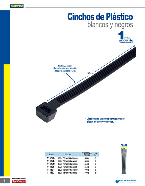 Cinchos plásticos 550 x 8.8 mm, tensión 70 kg de 50 piezas, color blanco Surtek