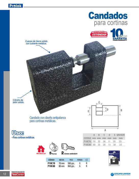 Candado de hierro para cortina metálica 70 mm, negro, llave estándar Prolok
