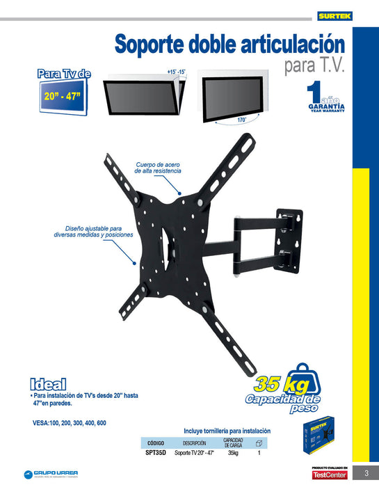 Soporte doble para TV 20" - 47", 35 kg Surtek