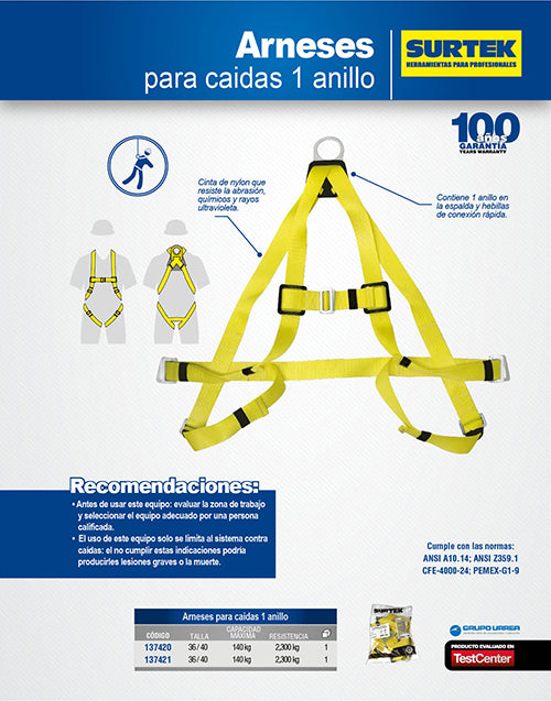Arnés de seguridad contra caídas, talla 36-40 Surtek