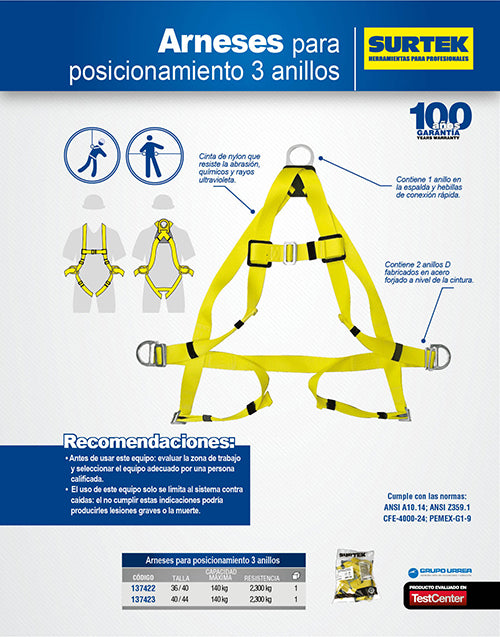 Arnés de seguridad de posicionamiento, talla 40-44 Surtek
