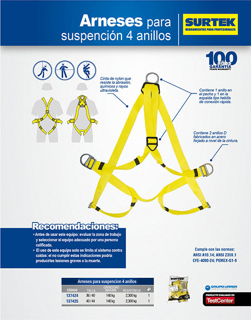 Arnés de seguridad de suspensión, talla 40-44 Surtek