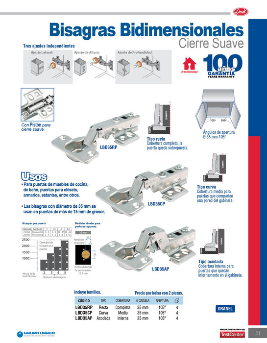 Bisagra acodada bidimensional 35 mm, cierre suave Lock
