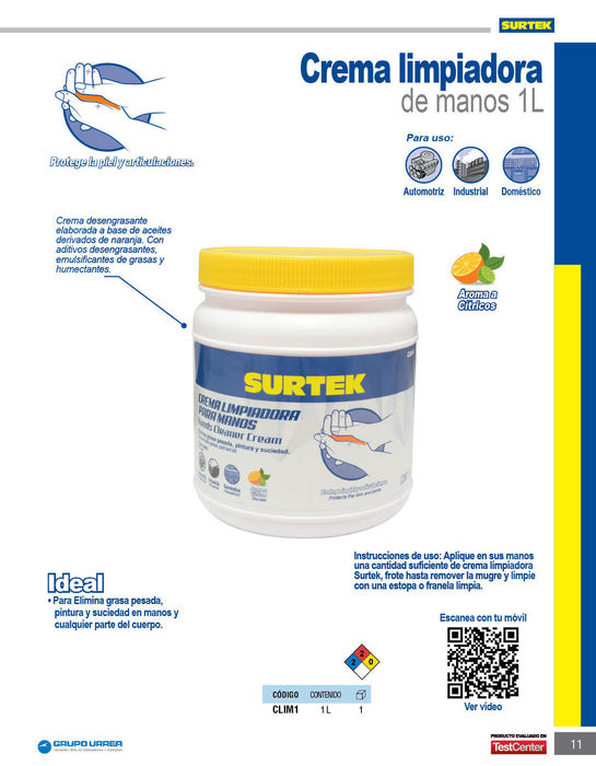 Crema desengrasante limpiadora de manos 1 Lt Surtek