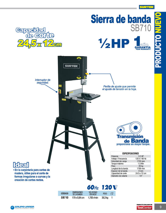 Sierra de banda 10" 1/2 HP 120 V, 1700 RPM Surtek