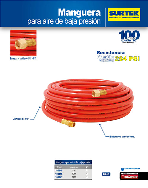 Manguera para aire de baja presión 1/4" x 10 m Surtek