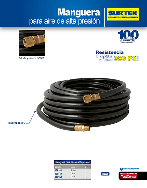 Manguera para aire de alta presion 3/8" x 7.5 m Surtek