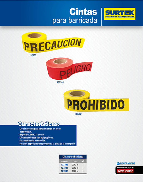 Cinta para barricada "PELIGRO" ancho 3" de 304 m Surtek