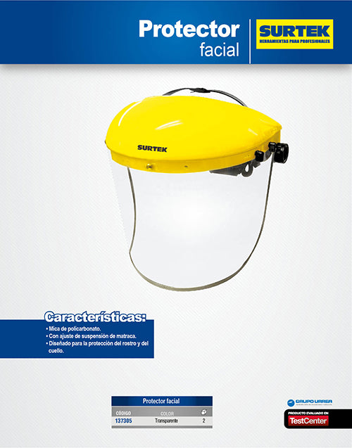 Protector de seguridad facial con mica de policarbonato y ajuste de suspensión de matraca Surtek