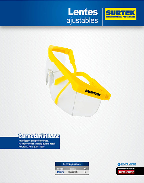 Lentes de seguridad modelo Ajustable, transparentes Surtek