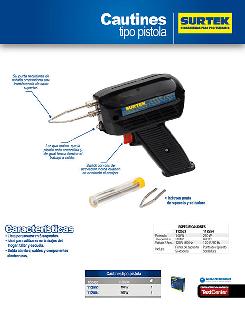 Cautín tipo pistola 140 W, 120 V Surtek