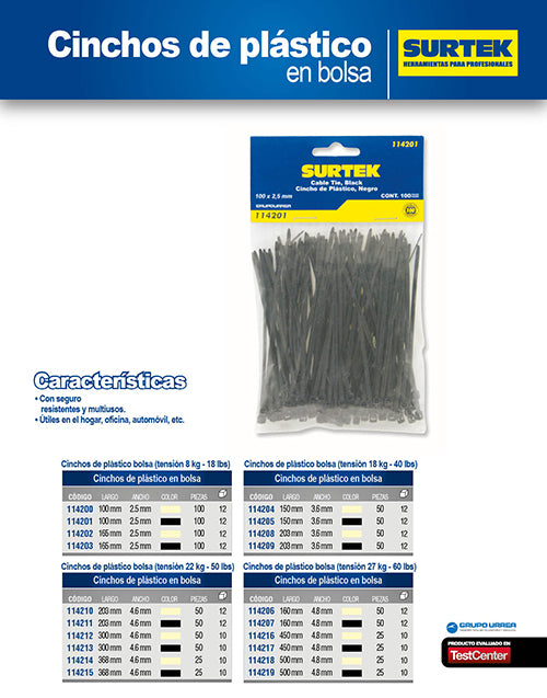 Cinchos plásticos 500 x 4.8 mm, tensión 27 kg de 25 piezas, color blanco Surtek