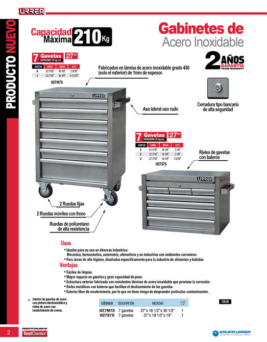 Gabinete acero inoxidable móvil 7 gavetas serie H 27" Urrea