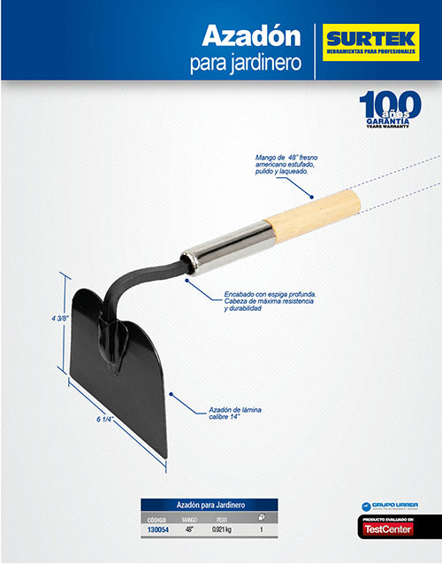 Azadón para jardinero con mango de madera 6-1/4", 48" Surtek