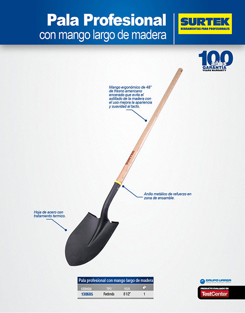 Pala con mango largo de madera, redonda Surtek