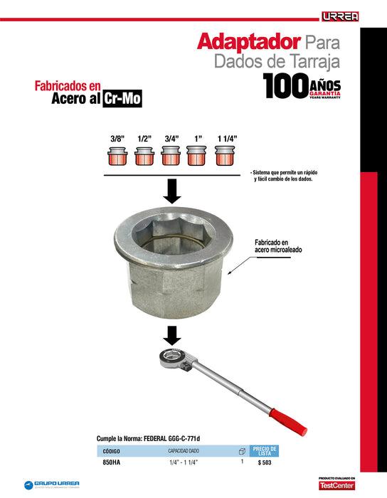 Adaptador para dados de tarraja de 1/4" a 1-1/4" Urrea