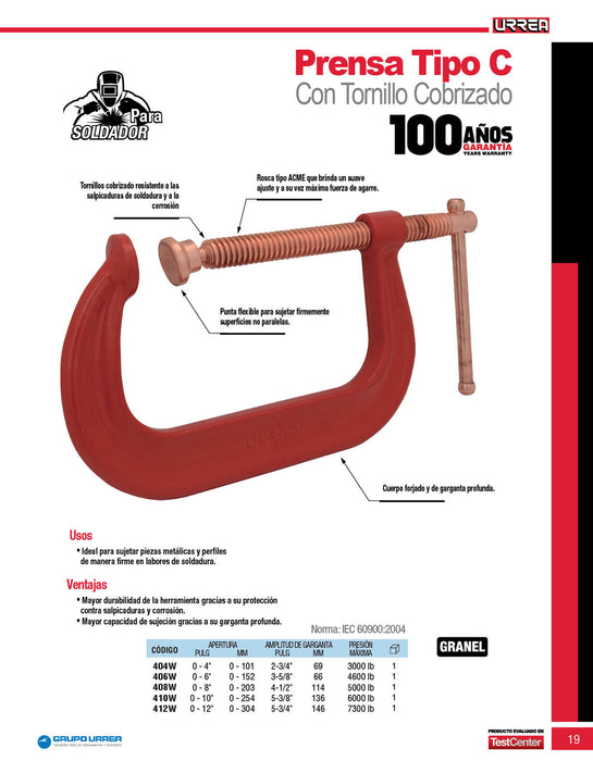 Prensa tipo "C" de 10" forjada, garganta profunda para soldar Urrea