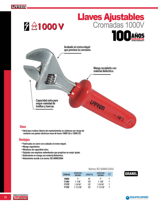 Llave ajustable 1000 V de 10" Urrea