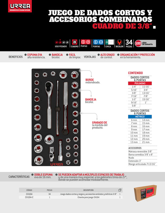 Juego de dados cortos y accesorios cuadro de 3/8" combinados 34 piezas, CH104-C Urrea