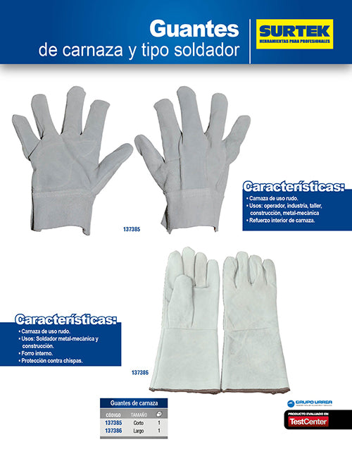 Guantes de carnaza con refuerzo en palma y puño largo unitalla Surtek