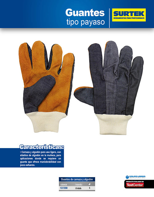 Guantes de carnaza y algodón tipo payaso unitalla Surtek