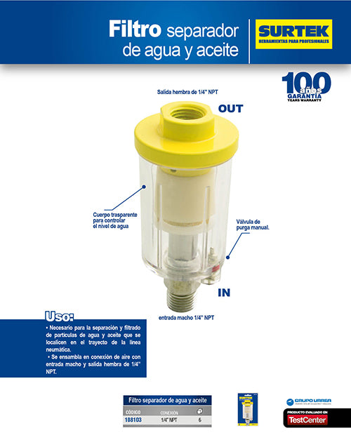 Filtro separador agua y aceite 1/4" NPT Surtek