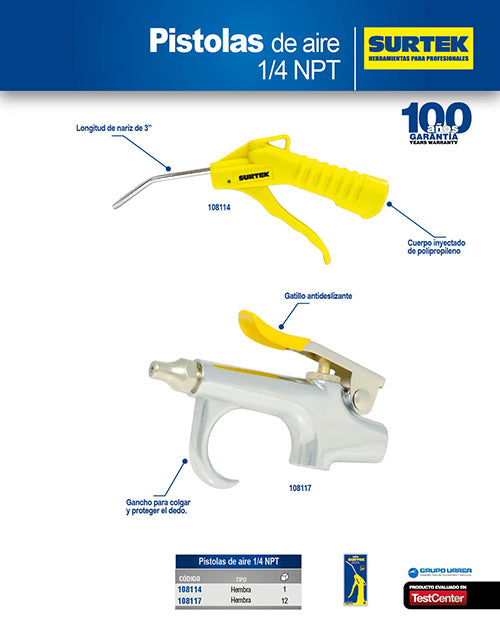 Pistola sopleteadora de aire 1/4 NPT, 3" Surtek