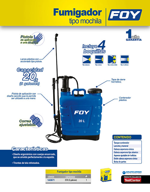 Fumigador tipo mochila ergonómica 20L Foy