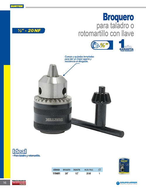 Broquero para rotomartillos 3/8" con rosca 1/2" - 20NF con llave Surtek