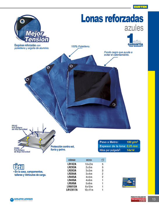 Lona de polietileno reforzada color azul, 5 x 6 m Surtek