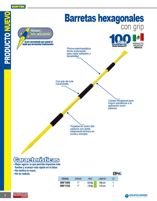 Barreta hexagonal con grip de 150 cm, 1" Surtek