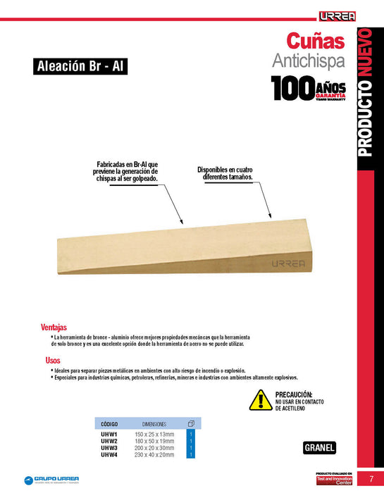 Cuña de bronce-aluminio antichispa de 230 x 40 x 20 mm Urrea