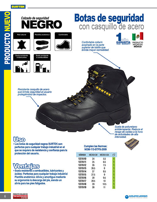 Botas de seguridad con casquillo de acero #28.5 cm Surtek