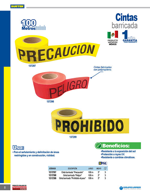 Cinta para barricada "PELIGRO" ancho 3" de 100 m Surtek