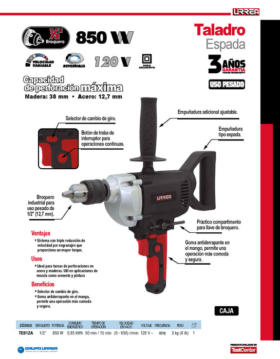 Taladro espada 1/2" 850 W 120 V, 50 Nm Urrea