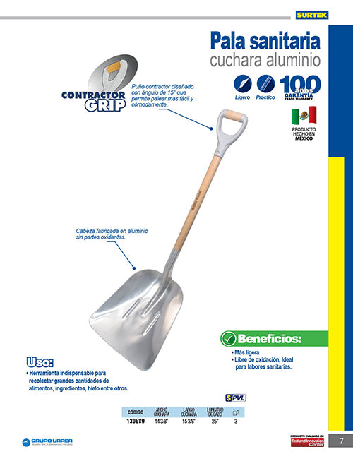 Pala sanitaria con mango de madera con puño contractor grip, cuchara de aluminio Surtek