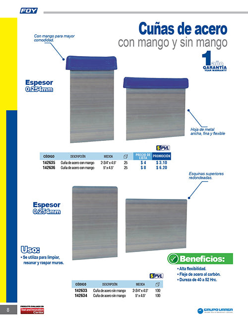 Cuña para raspar con mango plástico 4.5" x 5" Foy