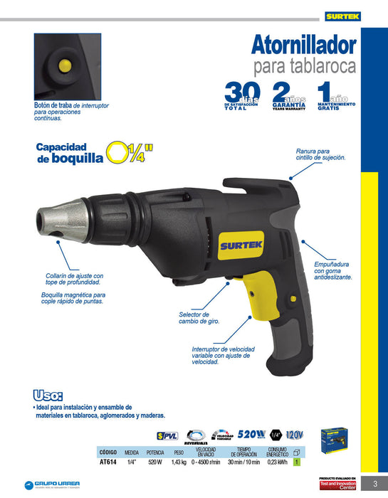 Atornillador eléctrico para tablaroca 1/4", 120 V Surtek