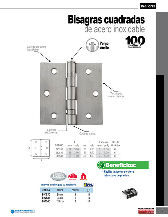 Bisagra cuadrada con baleros de acero inoxidable 3" x 3" Proforza