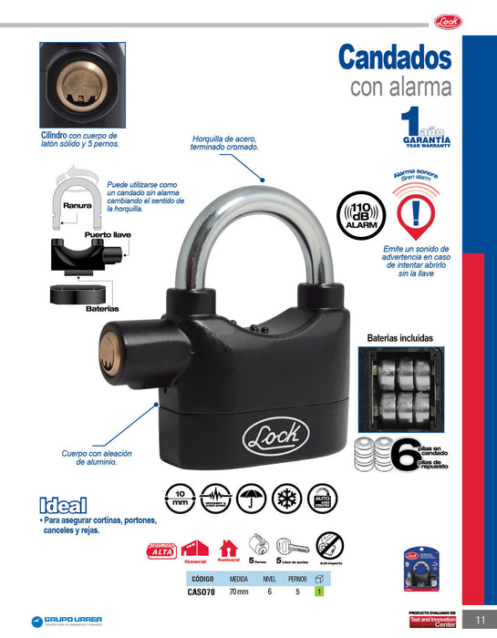 Candado con alarma de doble cerrojo 70 mm, llave de puntos Lock