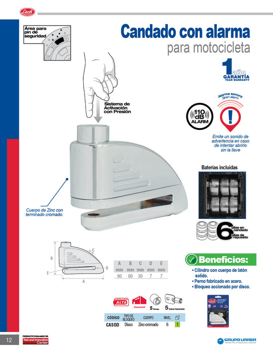 Candado con alarma para freno de disco para motocicleta, llave bancaria Lock
