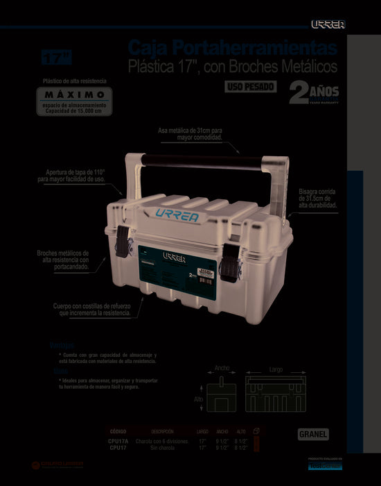 Caja portaherramientas plástica con broches metálicos color negro 17" x 9" x 8" Urrea