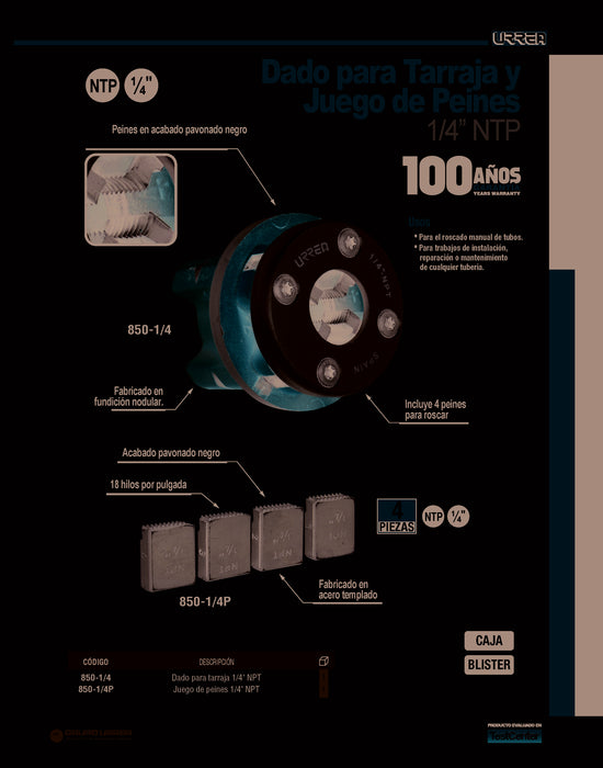 Peine para tarraja de 1/4" NPT Urrea