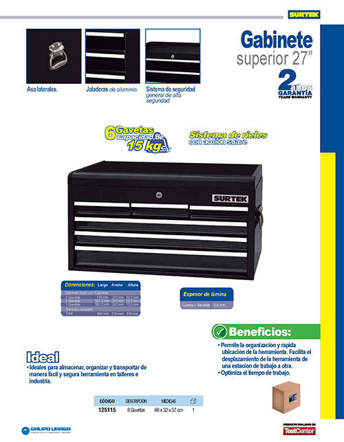 Gabinete superior color negro 6 gavetas 26" Surtek