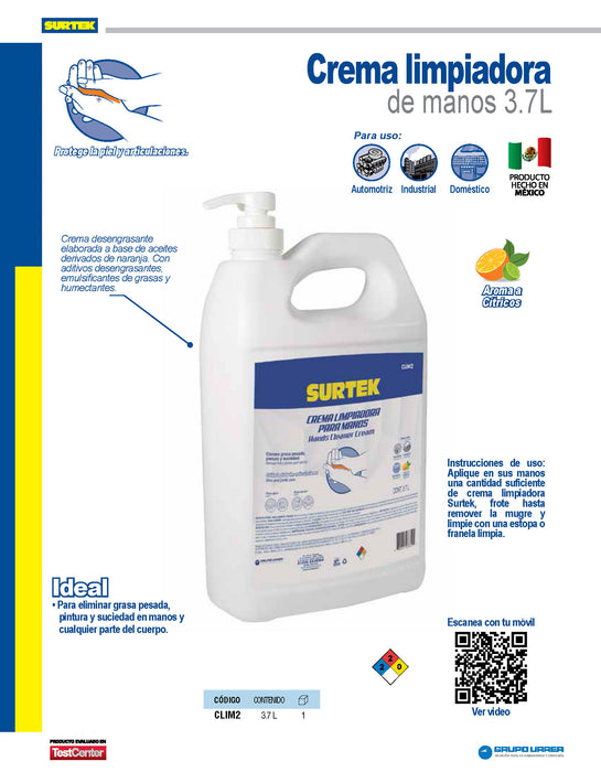 Crema desengrasante limpiadora de manos 3.7 Lt Surtek