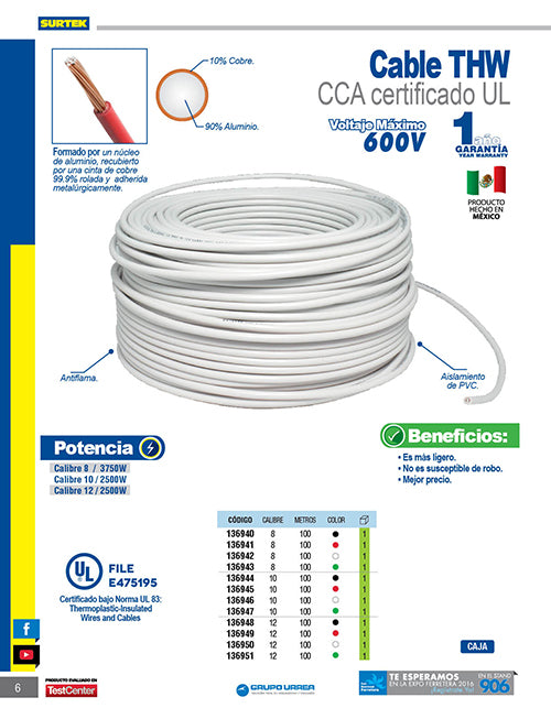 Cable eléctrico THW calibre 12, 100 m color rojo Surtek