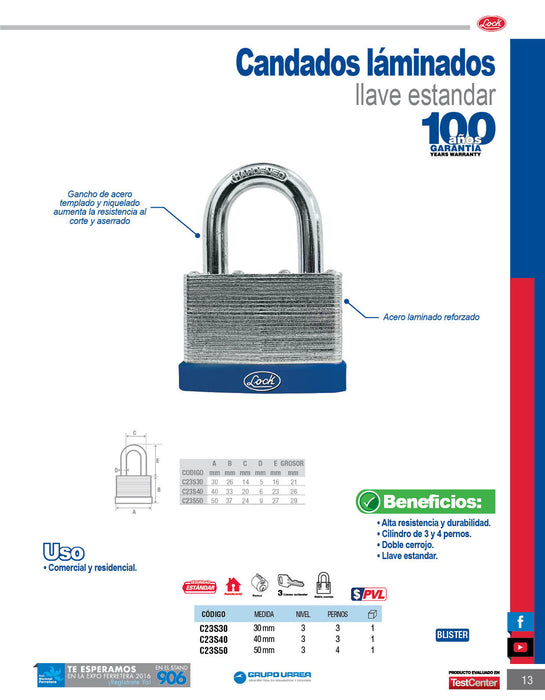 Candado laminado corto 30 mm, llave estándar Lock