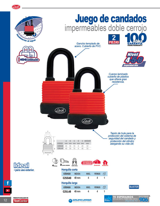 Candado impermeable largo 40 mm, llave estándar Lock