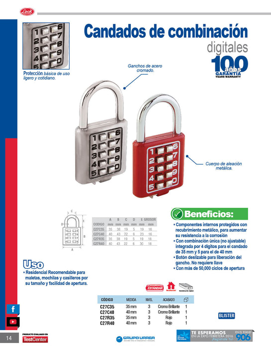 Candado de combinación, rojo, 40 mm Lock