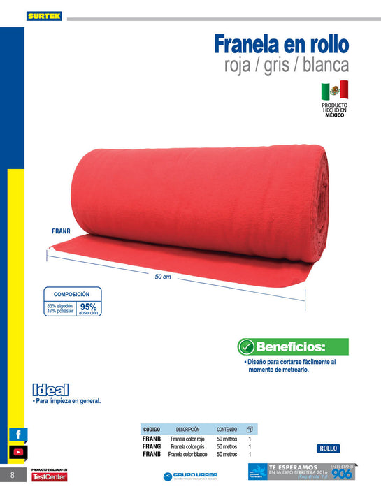 Franela en rollo de 50 cm x 50 m roja Foy